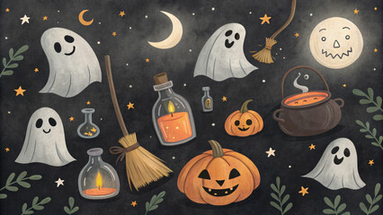 Cute spooky halloween pattern illustration with whimsical ghost and pumpkin. fun design on dark night background for holiday