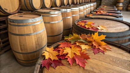 Rustic decorative oak barrel with colorful autumn leaf in winery cellar. warm background for aging alcohol like wine, whiskey, and bourbon