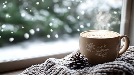 Warm coffee mug sits on a cozy blanket while snowflakes fall outside the window on a chilly winter day