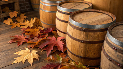 Rustic row of vintage oak wood barrels in an old cellar. decorative autumn leaf display on floor provides warm background feeling