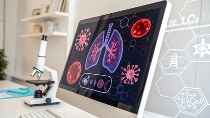 Focused medical research on lung virus using computer technology. digital illustration on screen showing healthcare and science innovation
