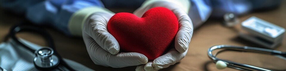 Gloved Hands Holding Plush Heart with Medical Tools – Symbol of Compassionate Healthcare and Patient Support