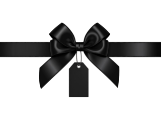 Elegant black ribbon with tag, perfect for luxury gift wrapping, memorial events, or formal invitations, featuring a realistic satin texture and hanging label.