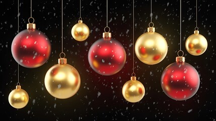 christmas balls on red background,christmas balls on red background, snowflakes falling on red velvet, golden stars scattered on fabric, shiny ornaments with ribbon curls, red and gold baubles on whit