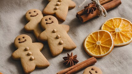 Fototapeta premium christmas gingerbread cookies and spices,christmas gingerbread cookies and spices, cinnamon sticks tied with twine, star anise on rustic wood, powdered sugar on fresh pastries, hot cocoa with marshmal