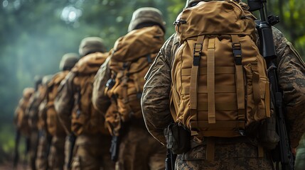 Soldiers marching in a line with backpacks.