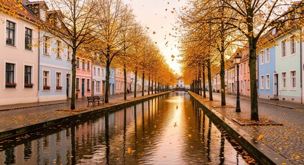 Autumn Leaves Falling Along Pastel Canal City
