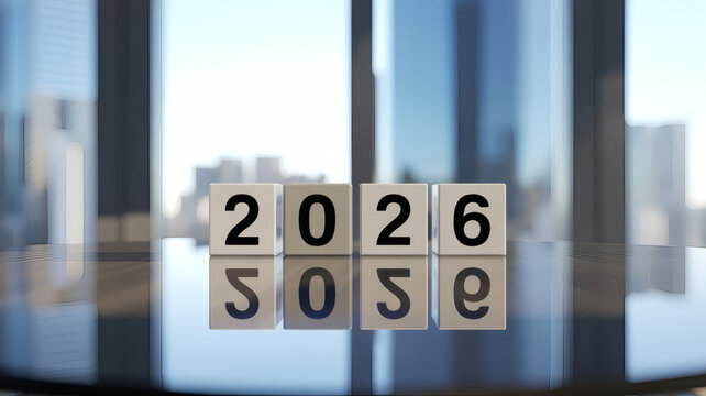 2026 year cubes on glossy boardroom table with city reflections corporate meeting atmosphere for strategy presentation planning analytics and executive results