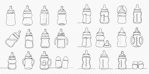 A collection of hand-drawn baby bottles and feeding accessories in various shapes and sizes, depicted in a continuous line art style on a transparent background.