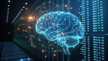 Awe inspiring futuristic hologram of digital brain with glowing network, representing artificial intelligence and big data in server room