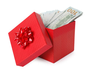Gift box full of dollars isolated on white
