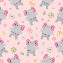 Seamless Pattern with Decorative Elephants and Floral Ornament on Pink Background