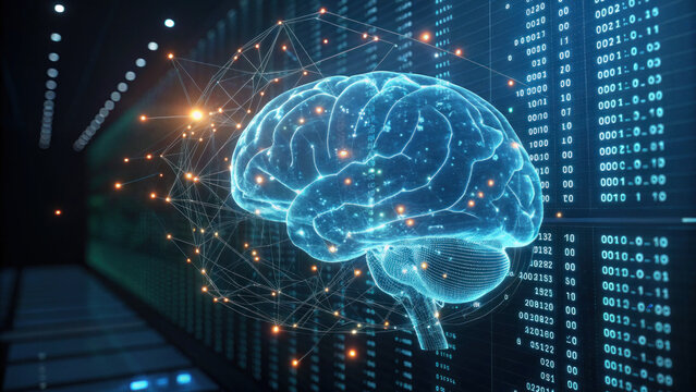Awe inspiring futuristic hologram of digital brain with glowing network, representing artificial intelligence and big data in server room