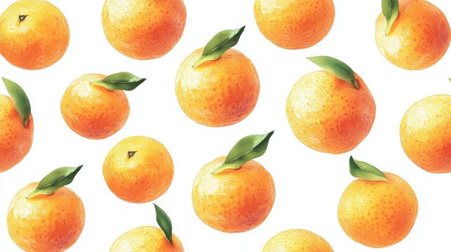 The combination of orange fruit and leaves creates a colorful pattern on a white background