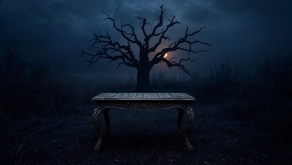 Night silhouette of a lone park tree under a dark blue sky with a bench and morning mist