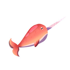 Set of cute sea animal characters with a little red fish blowing bubbles and a friendly narwhal illustration. © Amastudio