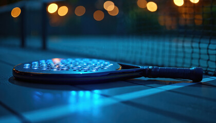 Illuminated padel racket rests on court at night. Blue lights glow from the racket emphasizing its modern design. Tennis net blurred bokeh lights create atmosphere.