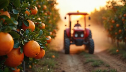Tractor sprays water on orange orchard. Farmer drives red tractor along rows of orange trees. Trees laden with ripe oranges. Tractor kicks up dust, water droplets. Farmer tends to citrus grove at