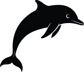 Black silhouette vector illustration of a dolphin swimming in the blue ocean water