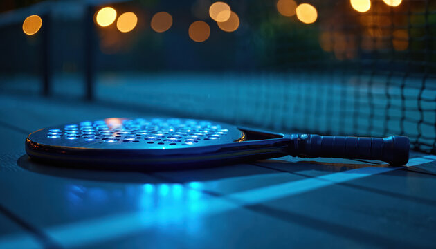 Illuminated padel racket rests on court at night. Blue lights glow from the racket emphasizing its modern design. Tennis net blurred bokeh lights create atmosphere. - Powered by Adobe