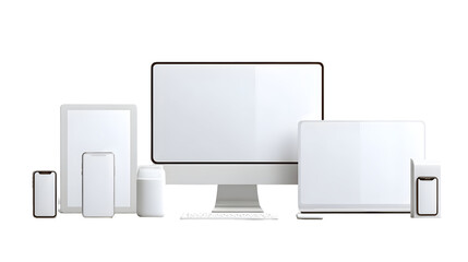 Collection of digital devices with empty screens against transparent background