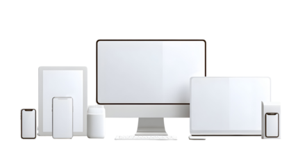 Collection of digital devices with empty screens against transparent background