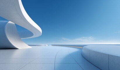 This image showcases a modern abstract architectural design with a clear blue sky in the background, featuring smooth surfaces and contemporary elements.