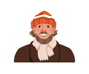 Obraz premium Old man, head portrait. Senior elder aged male with beard, mustache, in beanie hat and scarf. Happy smiling person, unkempt wrinkled face. Flat vector illustration isolated on white background