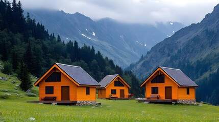 Bright orange cabins with blue doors stand in a lush green valley surrounded by mountains and misty skies in the early morning