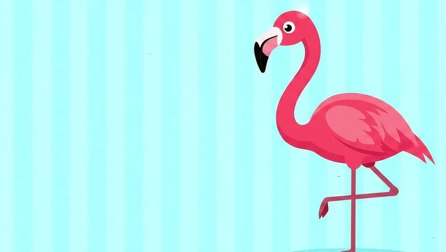 Cute Pink Flamingo Cartoon on a Light Blue Striped Background.