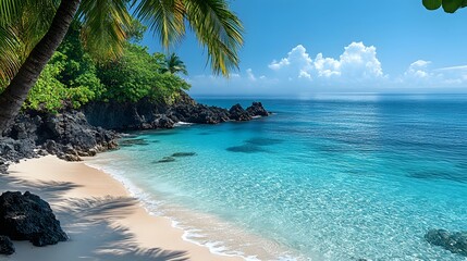 Clear blue ocean meets sandy beach under palm trees in a tropical paradise