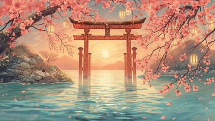 A wooden torii gate frames the temple architecture in the early morning sky, blending water and nature in an autumnal landscape