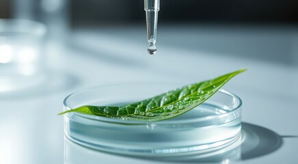 A close-up shot of a leaf with a water droplet being pipetted onto it, showcasing the beauty of nature and science.