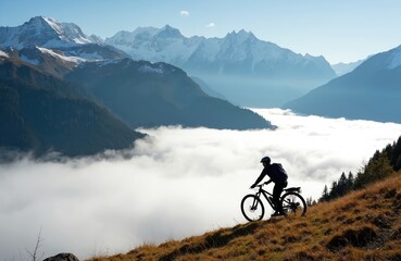 Fototapeta premium Silhouette of man riding mountain bike on hill. Mountains with snow, blue sky are on background. Cyclist enjoy bike ride above clouds in valley outdoor sport travel.