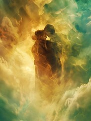 A couple in love is on clouds with happiness.