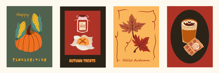 Autumn season minimalist cards with maple leaves, pumpkins, coffee. Whimsical cafe wall art, poster, cover, banner, card, flyer. Creative design templates ads, web, label, branding, social media.