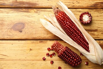 Ripe red corn cobs on wooden table, flat lay. Space for text
