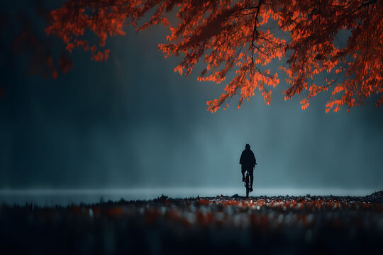Autumn Cyclist on Serene Path Under Vibrant Red Foliage
