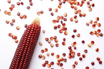 Ripe red corn cob and kernels on white table, flat lay