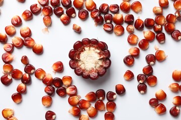 Piece of ripe red corn cob surrounded by kernels on white table, flat lay