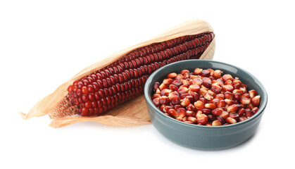 Ripe red corn cob and kernels isolated on white