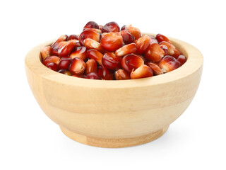 Ripe red corn kernels in bowl isolated on white