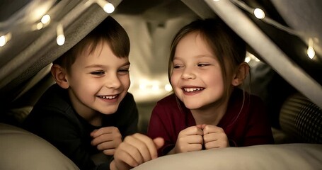 Children sharing secrets in a cozy blanket fort illuminated by fairy lights - Powered by Adobe
