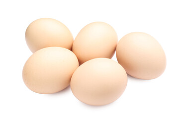 Many raw chicken eggs isolated on white