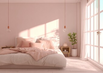Cozy bedroom scene bathed in soft, warm light. Features bed, window, and minimalist decor