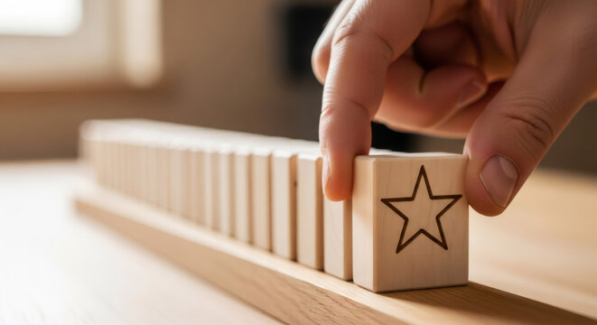 Hand of a man picking up the last wooden star block. Customer service rating concept. Quality assessment and feedback for reputation.
