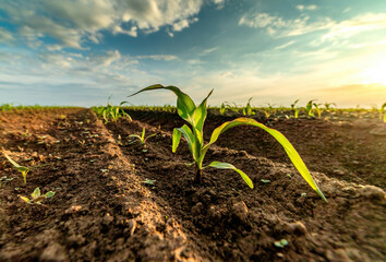 Young corn growing in fertile soil at sunset