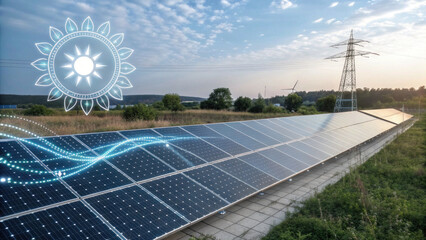 Futuristic solar panel energy farm with hologram graphic. vision of sustainable, renewable power technology connecting to electrical grid