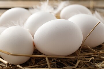 Raw chicken eggs, feathers and straw on table, closeup