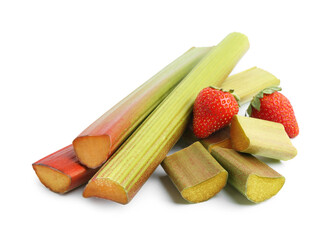 Fresh ripe rhubarb and strawberries isolated on white